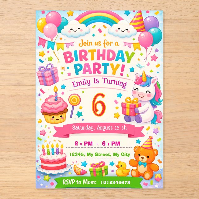 Invitation d'anniversaire pour enfants | Licorne,  (Recto)
