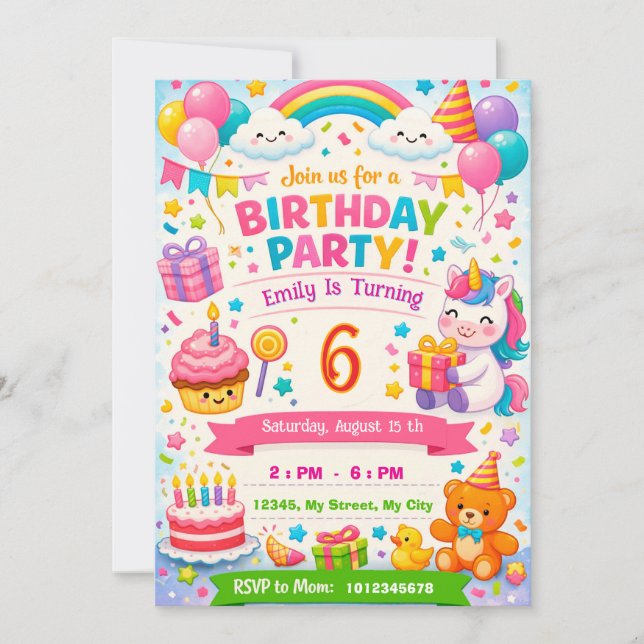 Invitation d'anniversaire pour enfants | Licorne,  (Devant)