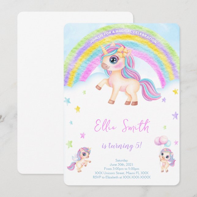 Invitation d'anniversaire pour enfants licorne  (Devant / Derrière)