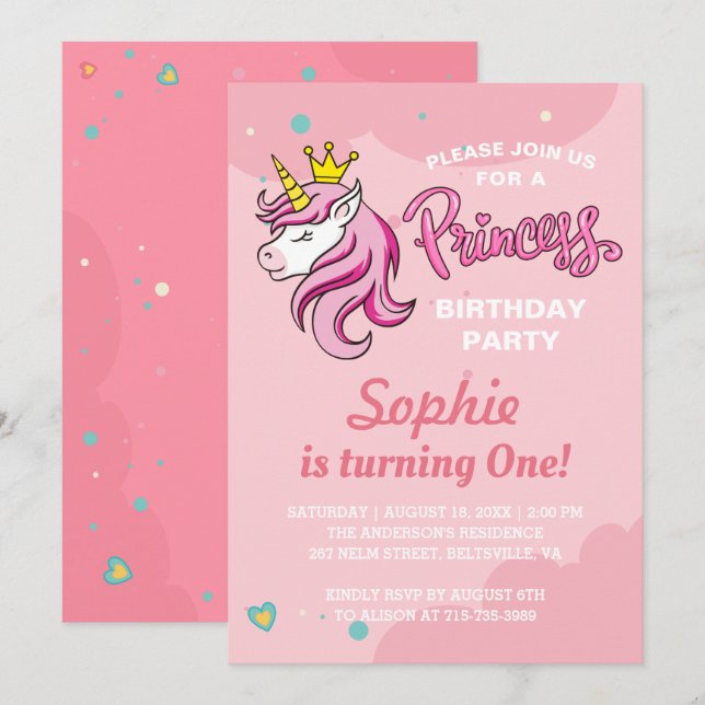 Invitation d'anniversaire pour enfants Princesse L (Devant / Derrière)