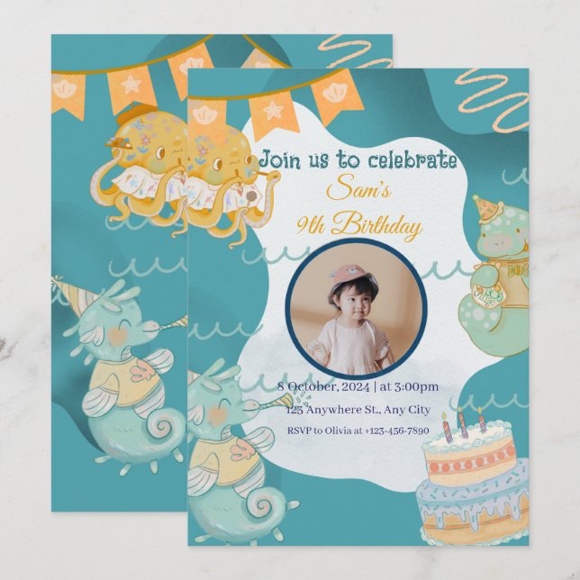 Invitation d'anniversaire pour enfants sous la mer (Devant / Derrière)