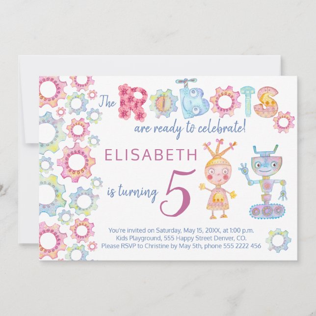 Invitation d'anniversaire pour enfants thème robot (Devant)
