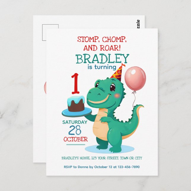 Invitation d'anniversaire pour fête avec dinosaure (Devant / Derrière)