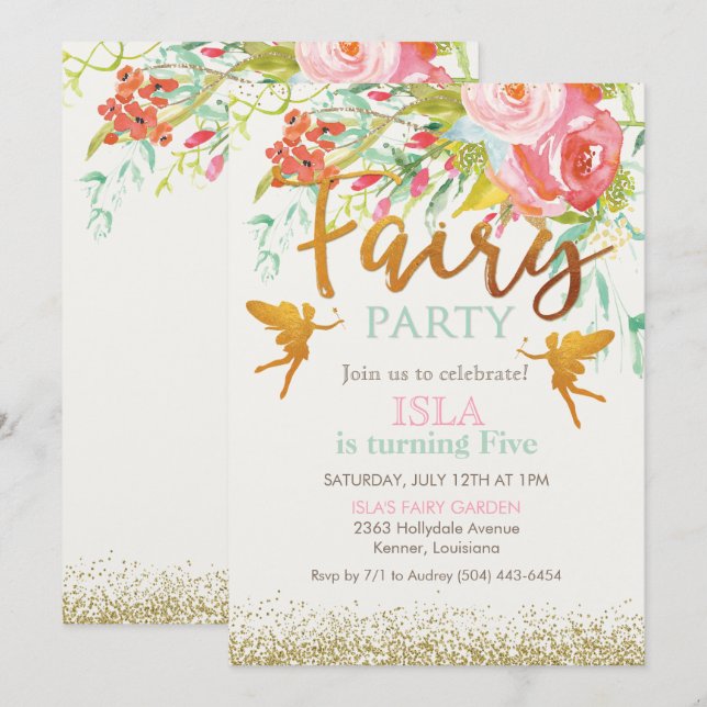 Invitation d'anniversaire pour fête de fée - TOUS  (Devant / Derrière)