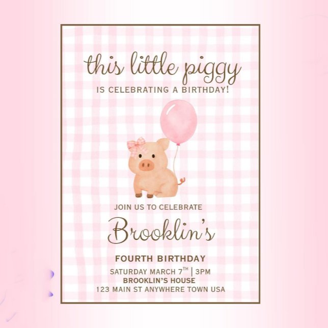 Invitation d'anniversaire pour fille au cochon en  (Créateur téléchargé)