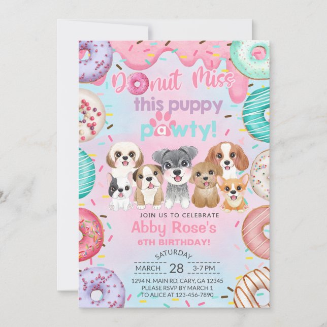 Invitation d'anniversaire pour fille avec chiots,  (Devant)
