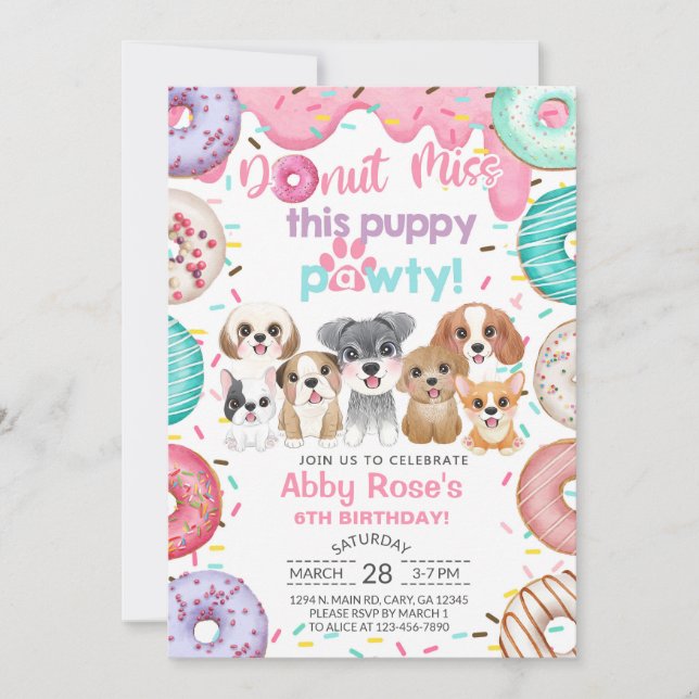 Invitation d'anniversaire pour fille avec chiots,  (Devant)