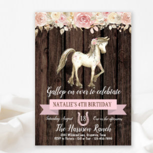 Invitation  d'anniversaire pour fille avec poney et fleur aqu