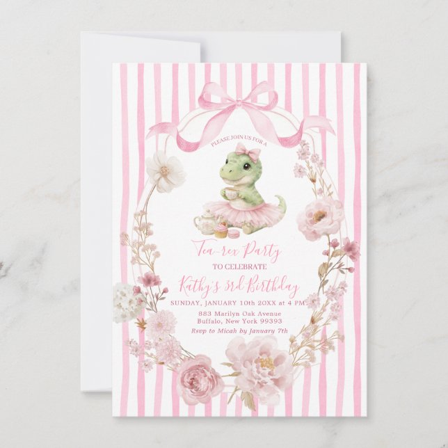 Invitation d'anniversaire pour fille avec un dinos (Devant)