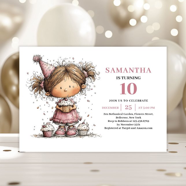 Invitation d'anniversaire pour fille capricieuse 1 (Whimsical Girl 10th Birthday Invitation Dusty Pink)