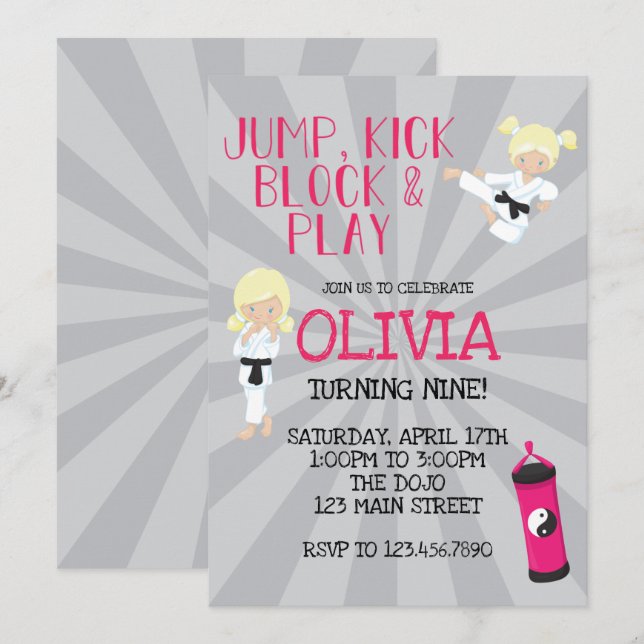 Invitation d'anniversaire pour fille de karaté ros (Devant / Derrière)
