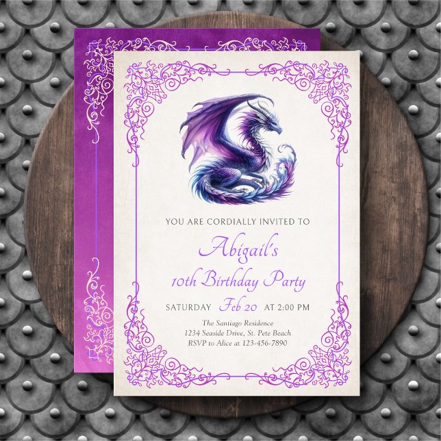 Invitation d'anniversaire pour fille Dragon Violet (Créateur téléchargé)