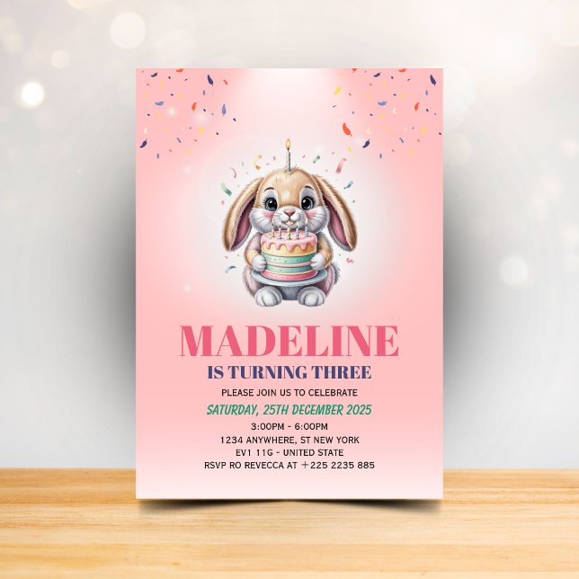 Invitation d'anniversaire pour fille gâteau lapin  (Créateur téléchargé)