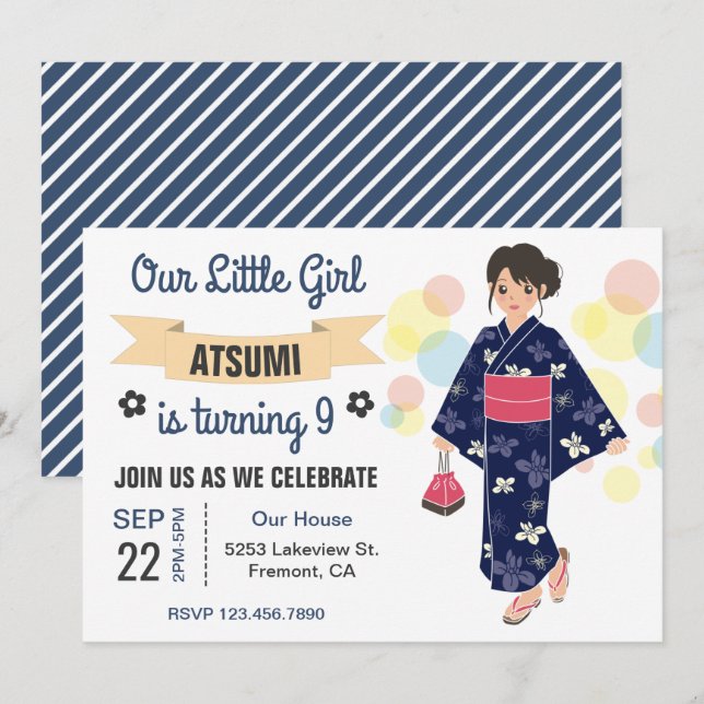 Invitation d'anniversaire pour fille japonaise en  (Devant / Derrière)