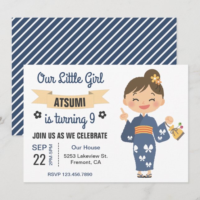 Invitation d'anniversaire pour fille japonaise en  (Devant / Derrière)