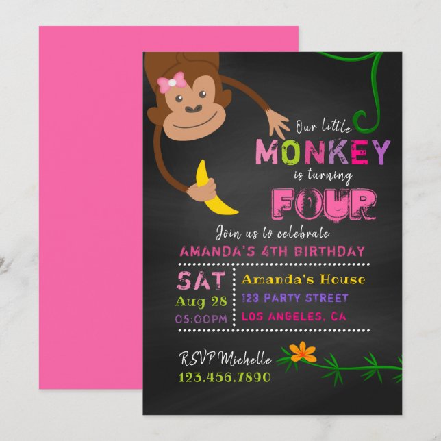 Invitation d'anniversaire pour fille petit singe t (Devant / Derrière)
