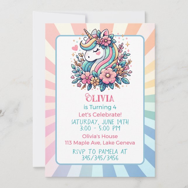 Invitation d'anniversaire pour fille thème licorne (Devant)