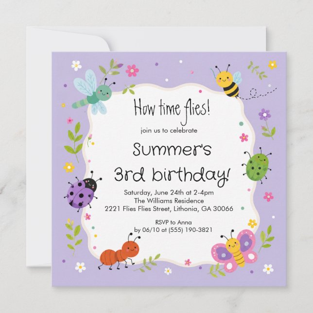 Invitation d'anniversaire pour filles avec des bug (Devant)