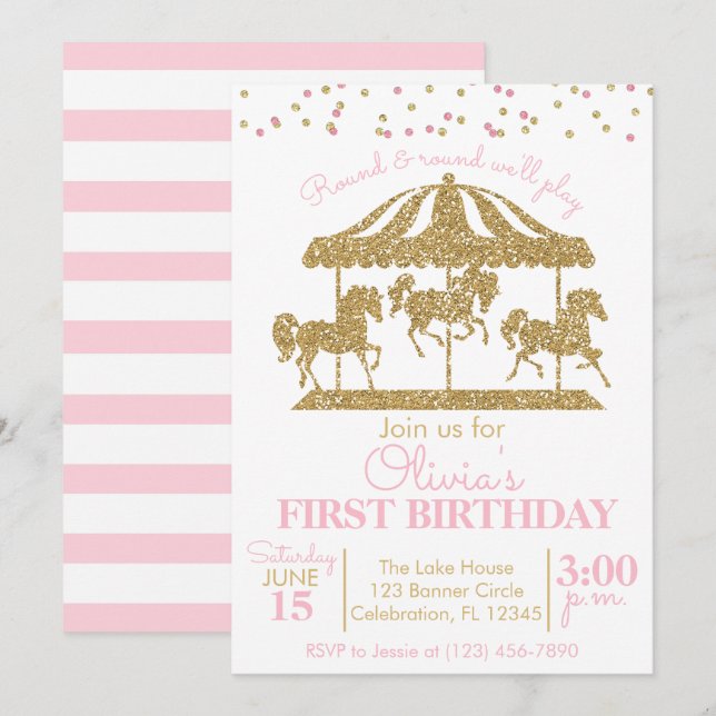 Invitation d'anniversaire pour filles carrousel ro (Devant / Derrière)