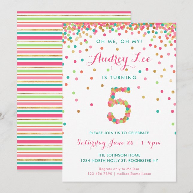 Invitation d'anniversaire pour filles de 5 ans  fê (Devant / Derrière)