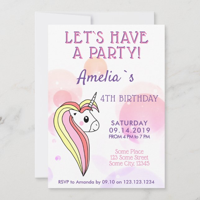Invitation d'anniversaire pour filles licorne mign (Devant)