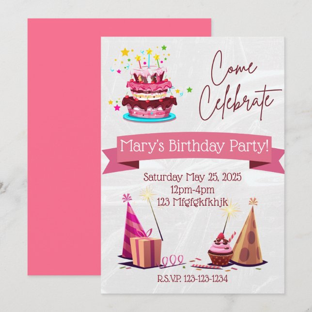 Invitation d'anniversaire pour filles personnalisé (Devant / Derrière)