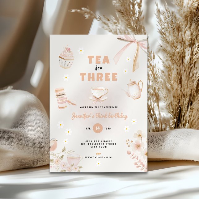 Invitation d'anniversaire pour filles pour un thé  (Tea for Three birthday invitation for girls)