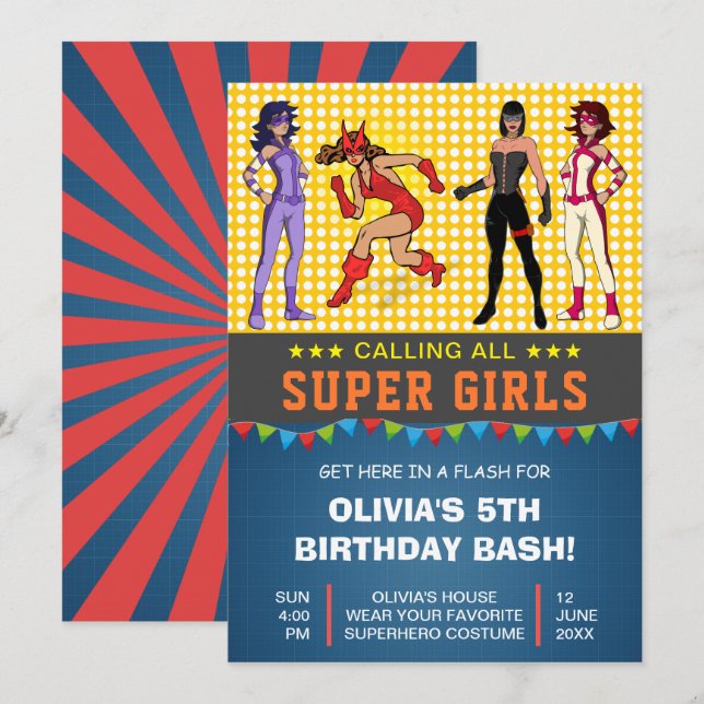Invitation d'anniversaire pour filles super-héroïn (Devant / Derrière)