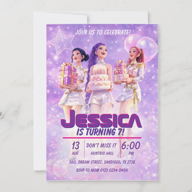Invitation d'anniversaire pour filles violettes (Devant)
