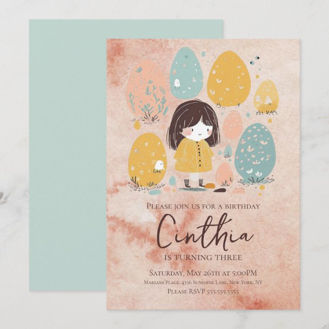 Invitation d'anniversaire pour fillette au pastel  (Devant / Derrière)