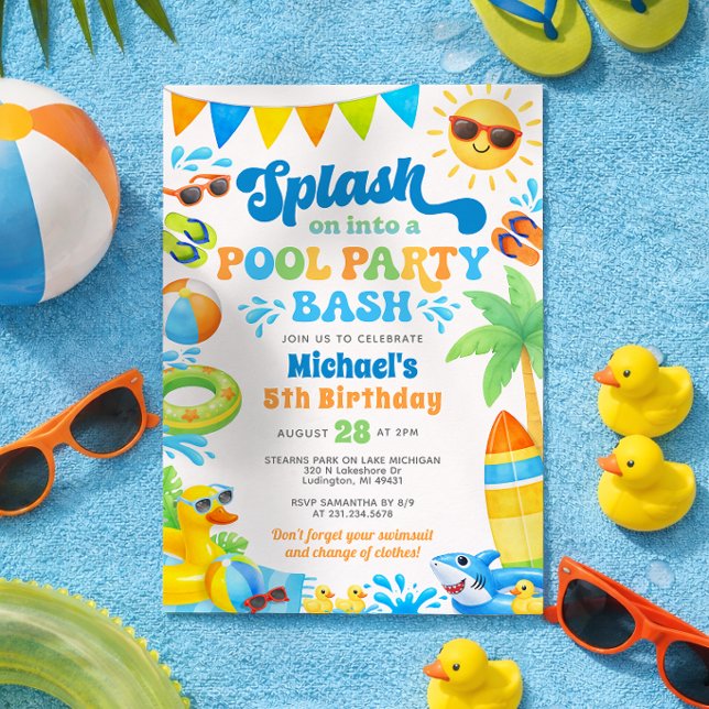 Invitation d'anniversaire pour garçon à une fête a (Pool Party Birthday Invitation - Boy Summer Birthday Duck and Shark Theme)