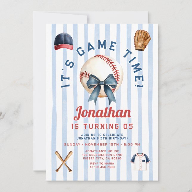Invitation d'anniversaire pour garçon avec nœud bl (Devant)