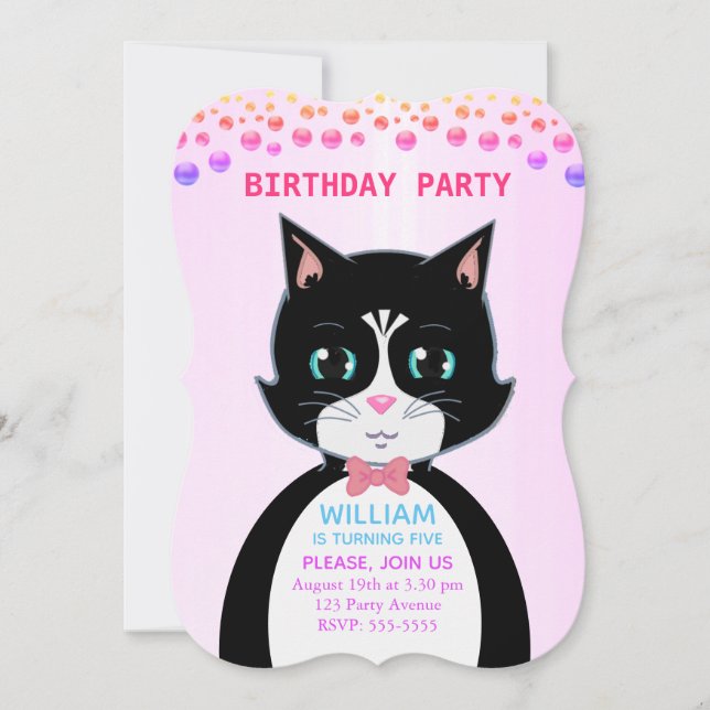 Invitation d'anniversaire pour garçon avec un chat (Devant)