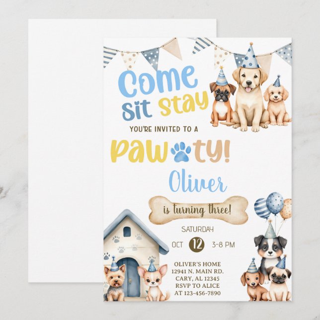Invitation d'anniversaire pour garçon chiots / chi (Devant / Derrière)