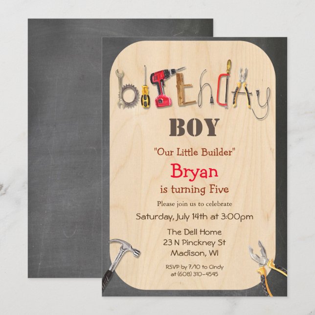 Invitation d'anniversaire pour garçon constructeur (Devant / Derrière)