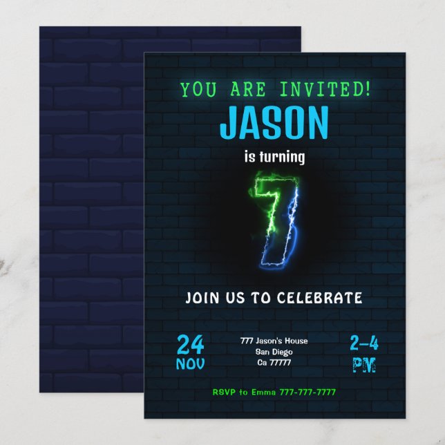 Invitation d'anniversaire pour garçon de 7 ans (Devant / Derrière)