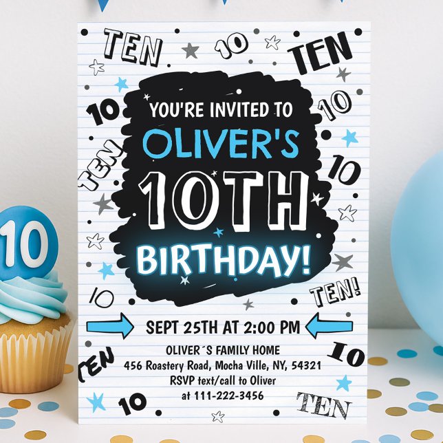 Invitation d'anniversaire pour garçon Doodle 10 an (Créateur téléchargé)
