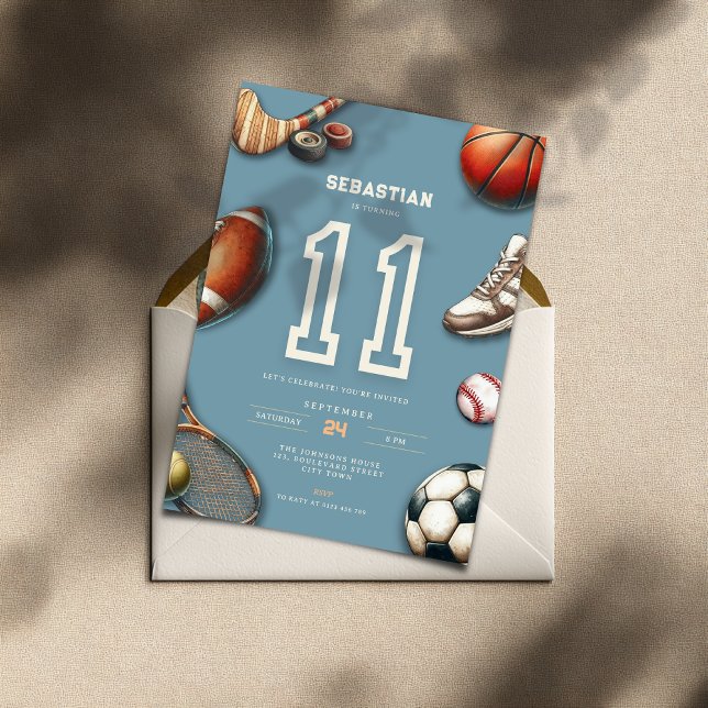 Invitation d'anniversaire pour garçons de 11 ans A (All Star Sports 11th birthday invitation for teen boys)
