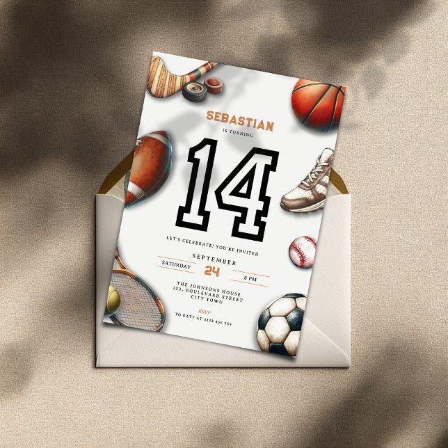 Invitation d'anniversaire pour garçons de 14 ans p (All Star Sports 14th birthday invitation for teenager boys)