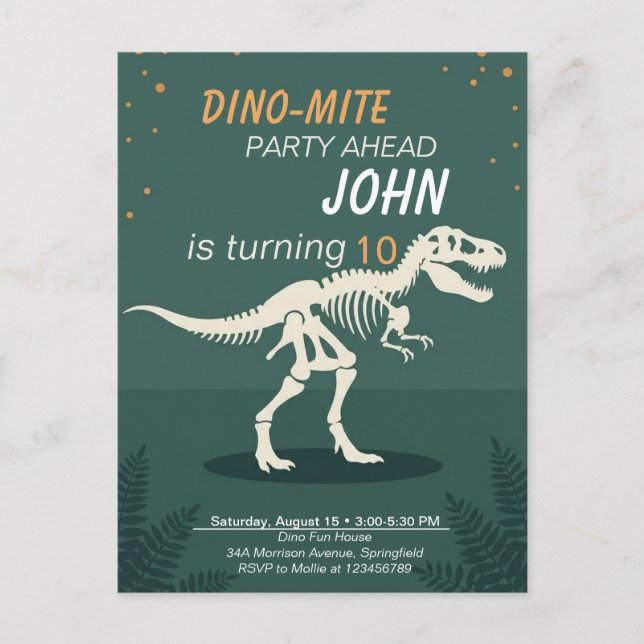 Invitation d'anniversaire pour garçons Dino-Mite T (Devant)