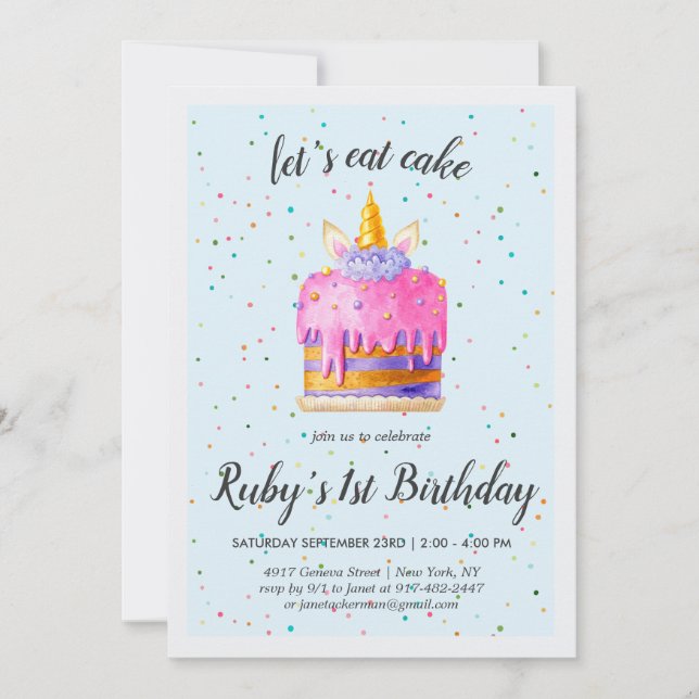 Invitation d'anniversaire pour gâteau licorne aqua (Devant)