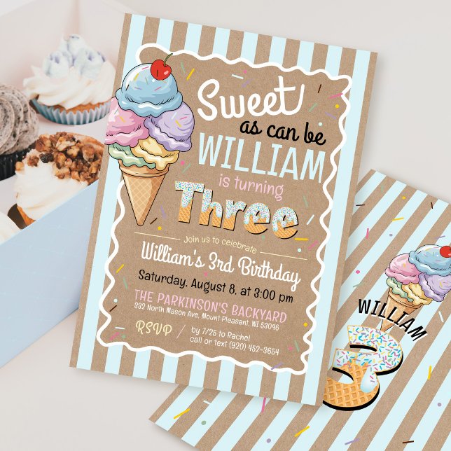 Invitation d'anniversaire pour glace Sweet As Can  (Sweet As Can Be ice cream sprinkles rustic kraft blue stripes boy 3rd birthday party invitation)