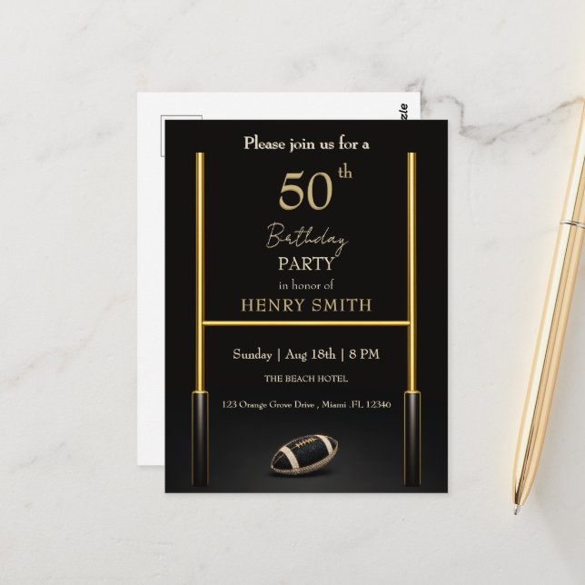 Invitation d'anniversaire pour homme noir et or (Devant/Arrière en situation)