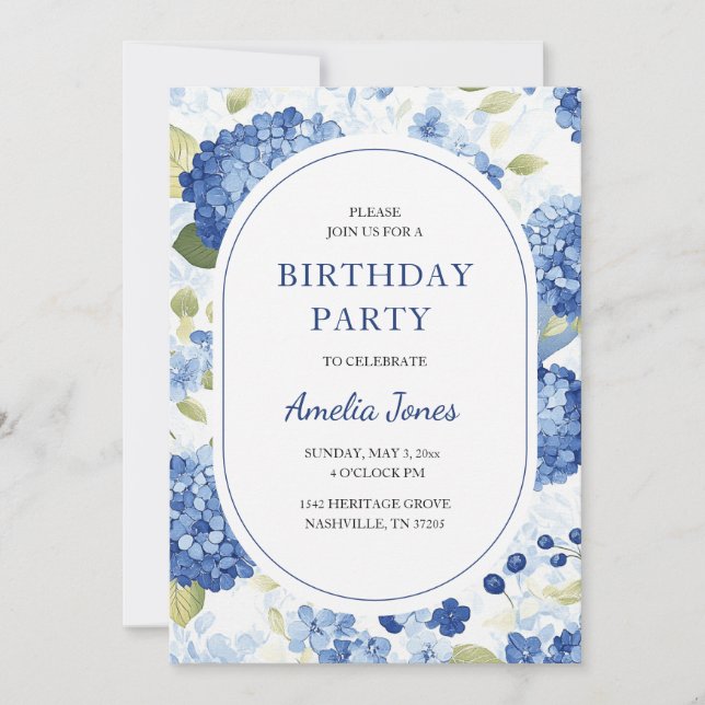 Invitation d'anniversaire pour jardin de hortensia (Devant)