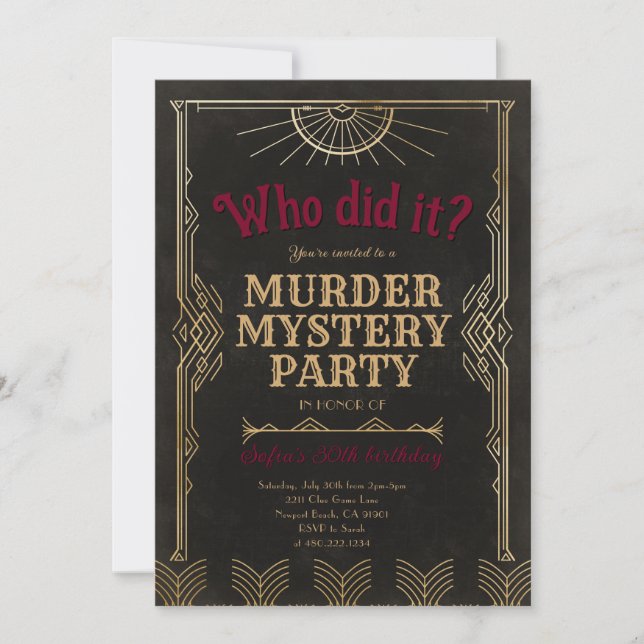 Invitation d'anniversaire pour jeu de mystère de m (Devant)