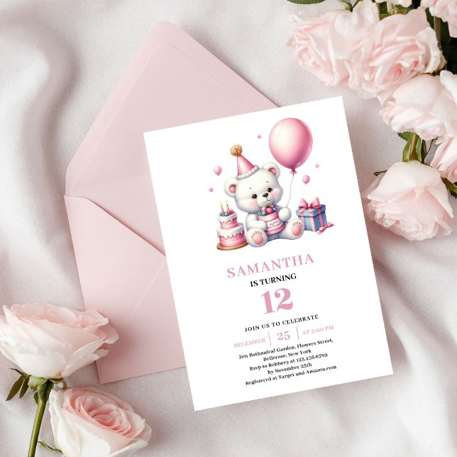 Invitation d'anniversaire pour jolie fille thème o (Cute Girl Birthday Invite Teddy Bear Pink Theme)