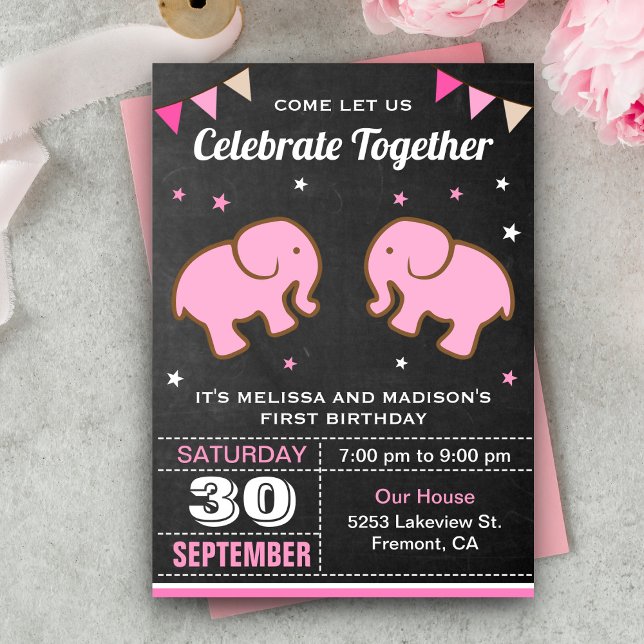 Invitation d'anniversaire pour jumelles éléphants  (Créateur téléchargé)