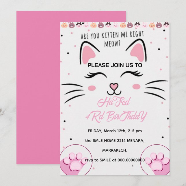 Invitation d'anniversaire pour Kitty et ses amis,  (Devant / Derrière)