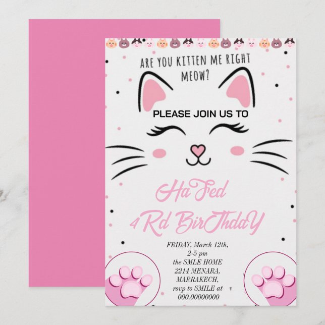 Invitation d'anniversaire pour Kitty et ses amis,  (Devant / Derrière)