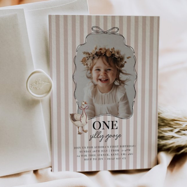 Invitation d'anniversaire pour la première année d (Zazzle Pink One Silly Goose 1st Birthday Invitation
)